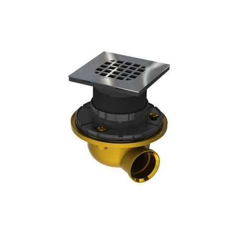 Brass, low profile, square top, side discharge shower drain 1-1/2" outlet